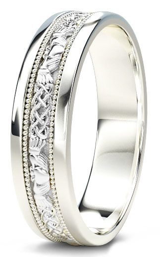 10K/14K/18K White Gold Claddagh Celtic Mens Wedding Band Ring