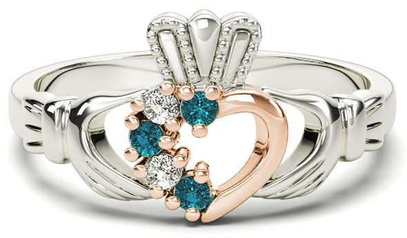 White and Rose Gold Natural Aquamarine Diamond Claddagh Ring - March Birthstone